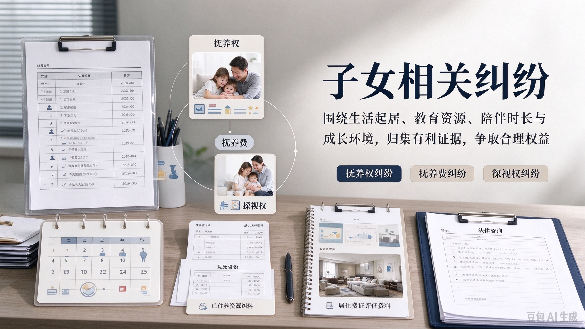 2.子女相关纠纷：处理子女抚养权、抚养费、探视权纠纷；围绕子女生活起居、教育资源、陪伴时长、成长环境等核心维度归集有利证据，全力为当事人争取抚养权、合理抚养费以及优质探视权益。